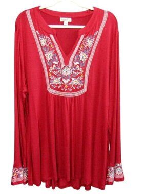 One World Red Floral Printed Boho Tunic Top Shirt Women Plus Size 2X Long Sleeve